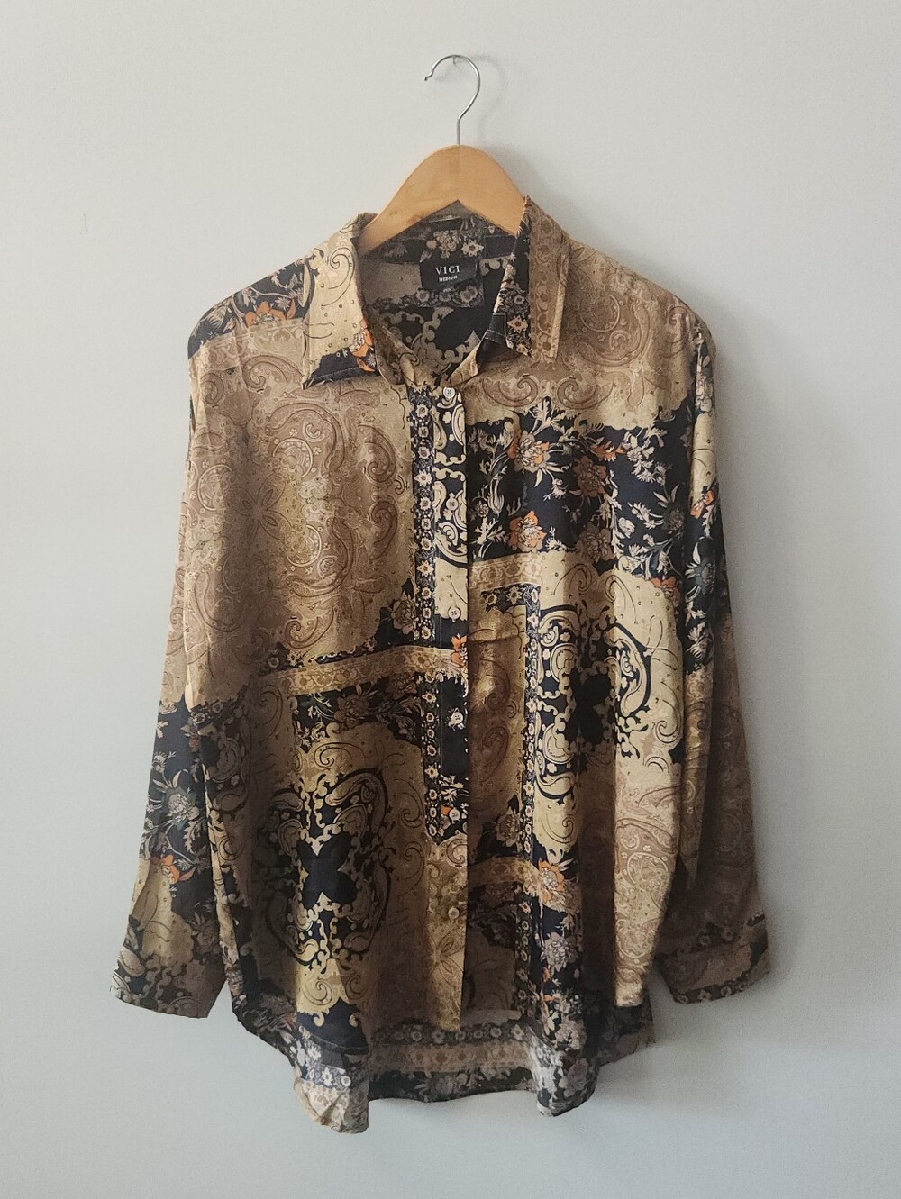 VICI Mixed Print Paisley Floral Button-Up Blouse Medium Boho Western Chic